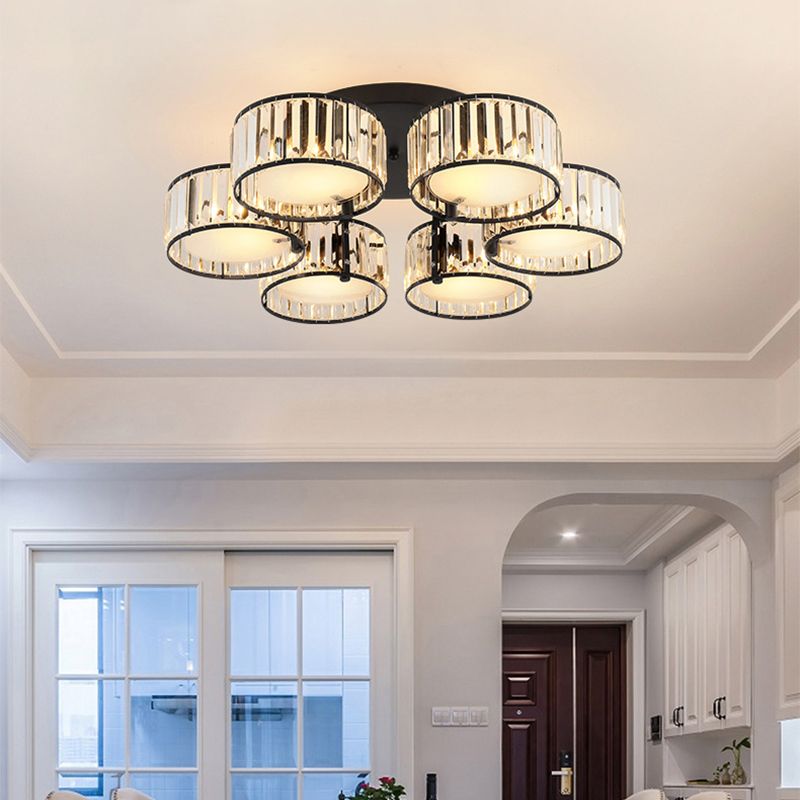 3/5/6 Lights Living Room Ceiling Light Fixture Modern Black Flush Mount with Drum Crystal Shade