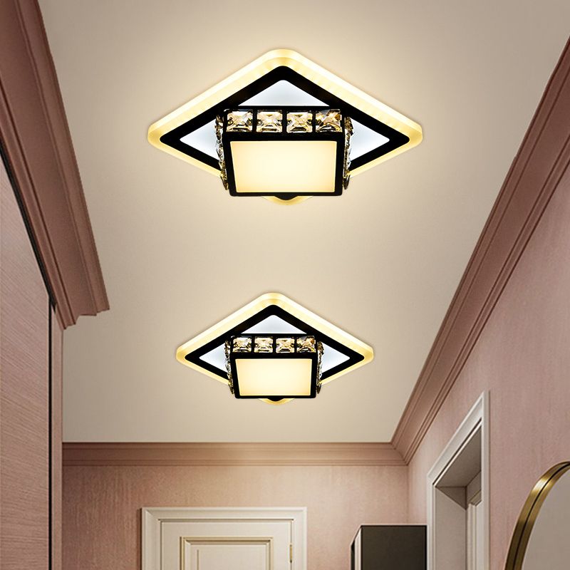 Round/Square Crystal Block Flush Mount Simplicity LED Black Close to Ceiling Lighting for Doorway