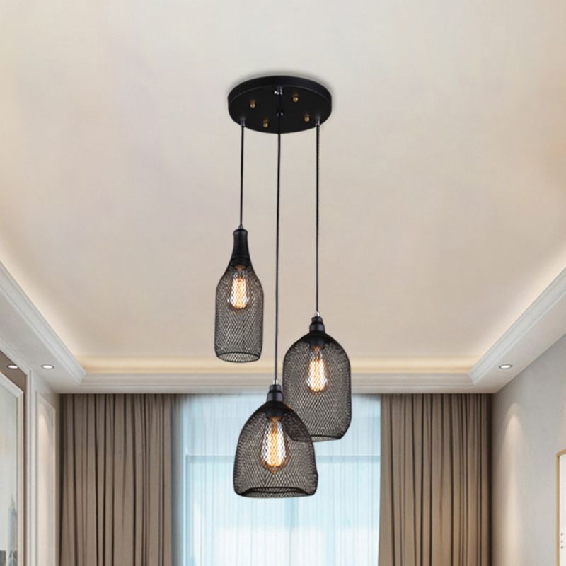 Mesh Cage Metal Hanging Light Antique 3 Heads Dining Room Suspension Lamp with Different Shade in Black