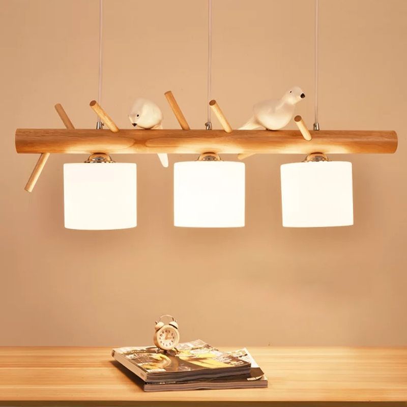 Wood Island Lamp Modern Island Hanging Light with Glass Shade for Dining Room