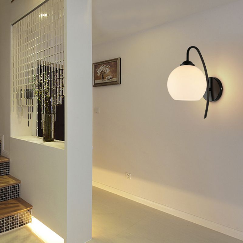 Black Domed Wall Lamp Modern 1-Light White Glass Wall Mounted Light for Stairs