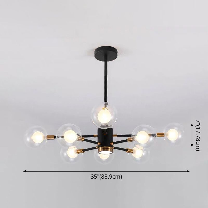 Modern Metal Radial Hanging Chandelier Light Spherical Clear Glass Shade Suspension Light in Black