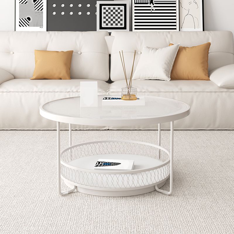 Iron 4 Legs Cocktail Table Round Glass Top Coffee Table with Shelf