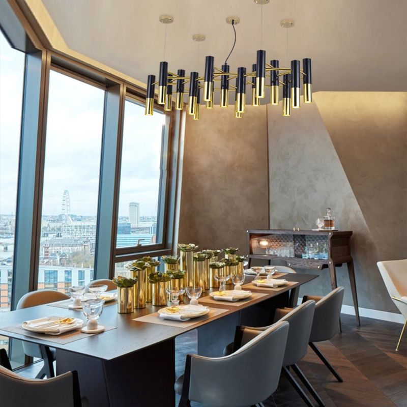 Postmodern Black-Gold Chandelier Metal Tubular Living Room Suspension Light
