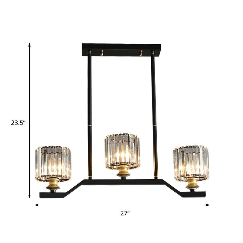 Clear Crystal Cylinder Island Pendant Light Modern 3/4 Lights Island Lighting in Black for Indoor