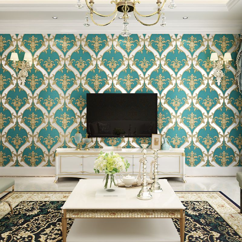 European Ogee Wallpaper Flock Moisture Resistant Dark Color Wall Art for Bedroom