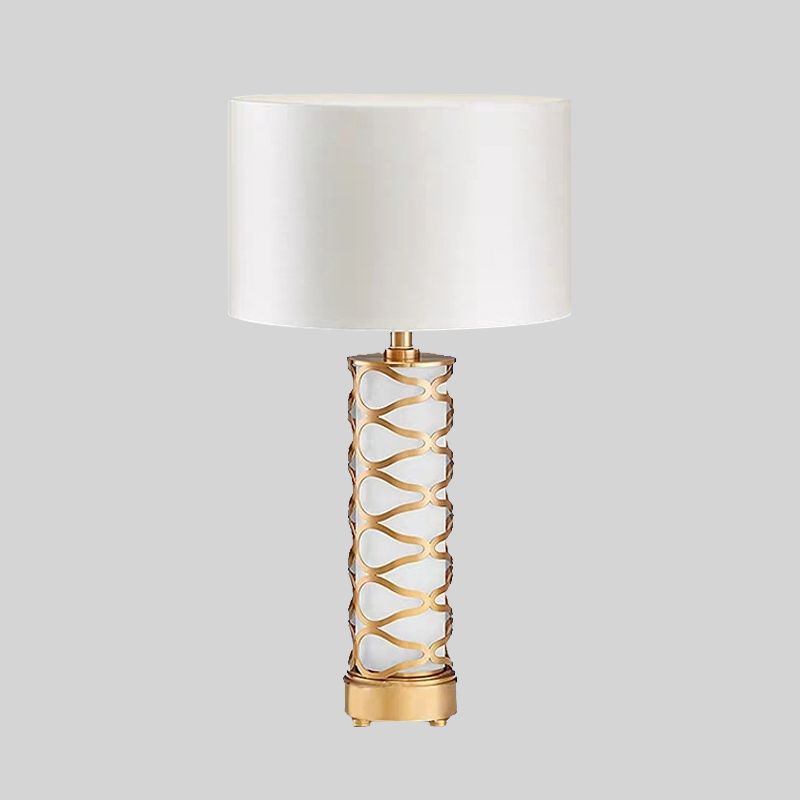 Drum Schlafzimmer Nachttisch Lampe Klassische Stoff 1-Kopf-weißer Schreibtisch Licht mit Zylinderbasis