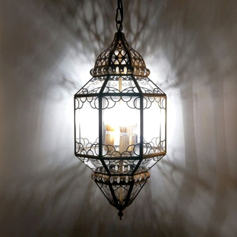 3-Head Pendant Lighting Antiqued Arab Balcony Hanging Chandelier with Lantern Clear Glass Shade in Bronze