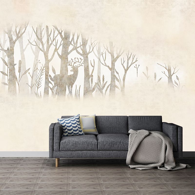 Beige Creative Wall Covering Murals Customized Wild Deer and Foggy Mirror Wall Art for Home Decor