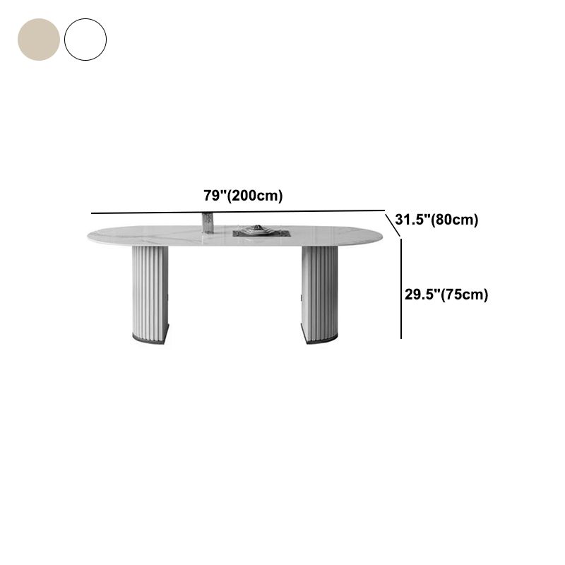 White Stone Dining Table Modern Oval or Free Form White Dining Table with Double Pedestal