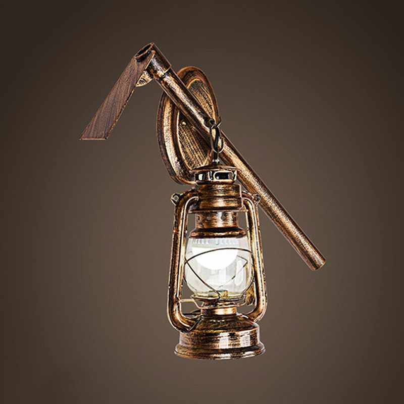 Lantern Clear Glass Wall Hanging Light Vintage 1 Bulb Living Room Sconce Lighting Fixture in Bronze with Metal Hoe Deco