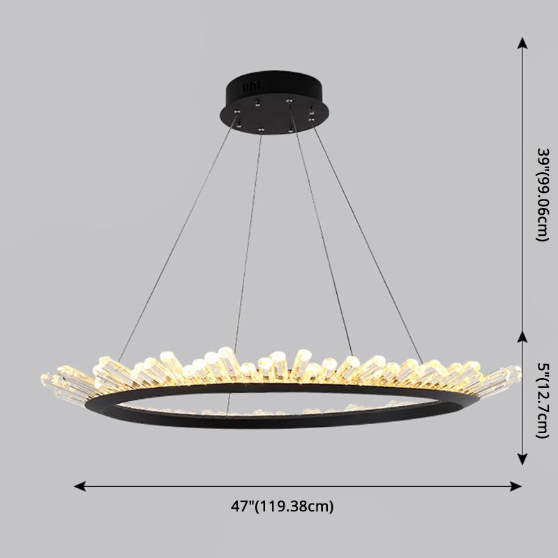 Minimalist Ring-Shape LED Chandelier Crystal Stick Living Room Hanging Light in Black