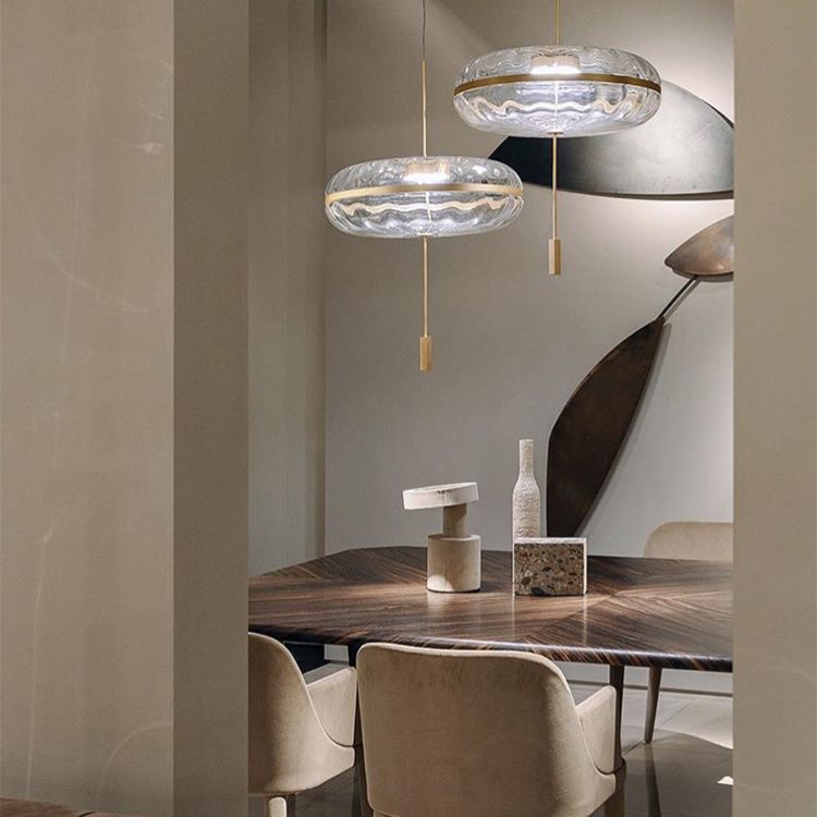 Rippled Glass Pumpkin Shaped Pendant Minimalist Brass LED Ceiling Light for Dining Room