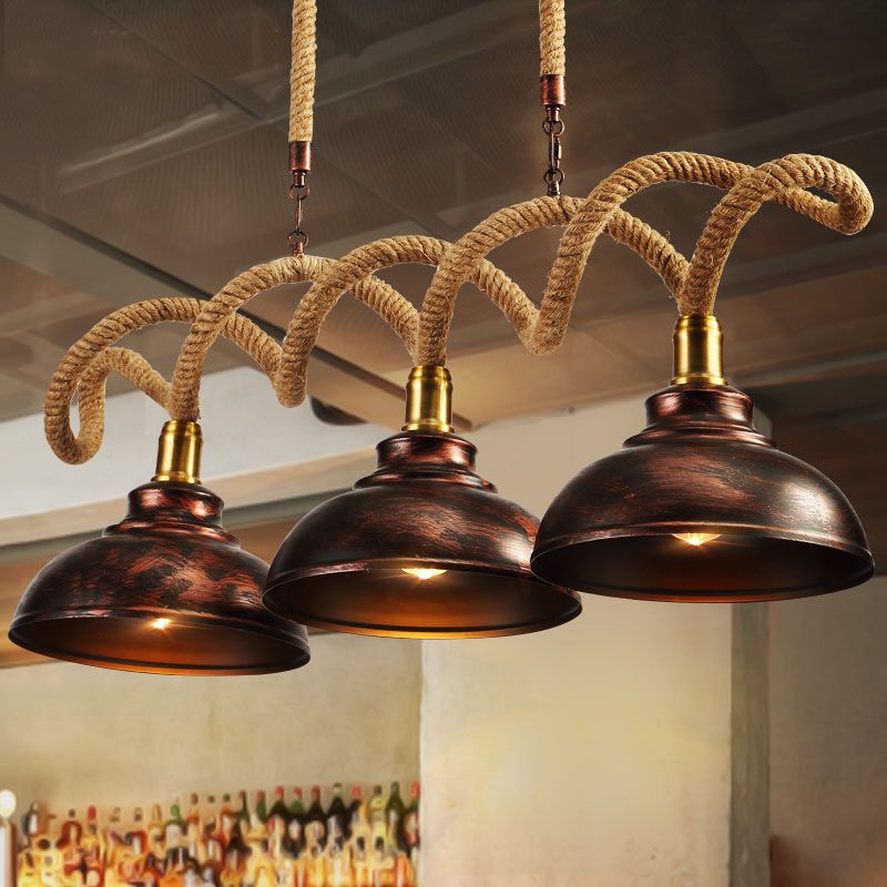 3 lichten Dome Island Light Vintage Rust Finish Metallic Hanging Lamp Kit met draai touwsnoer