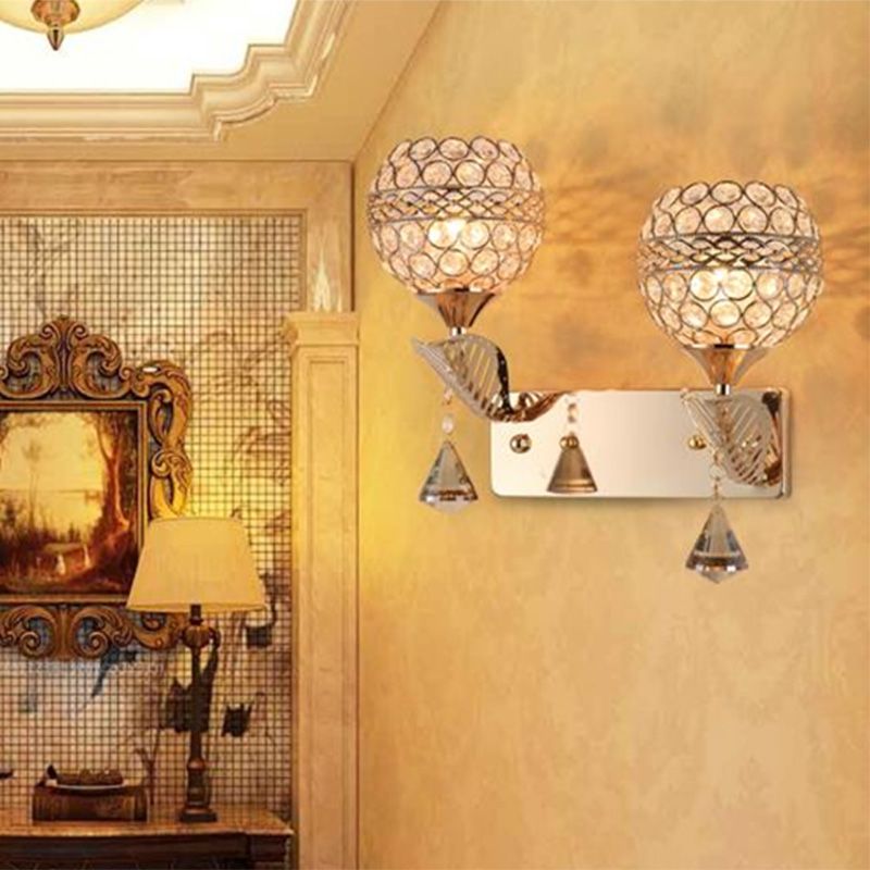 Hallway Wall Sconce Modern Style Gold Wall Light with Global Crystal Shade