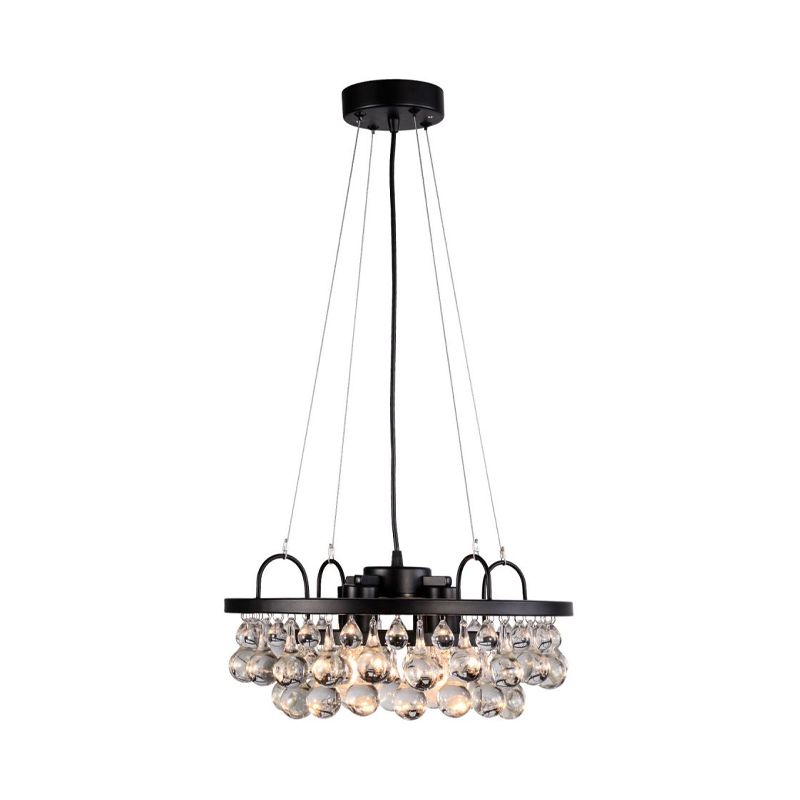 Zwart ronde hangende verlichtingsarmatuur vintage 4 lichten metaal kroonluchter licht met waterdrop kristalval