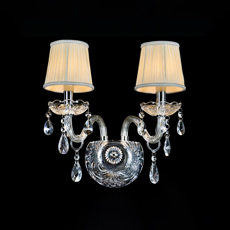 Gathered Fabric Tapered Sconce Light Modernism 2 Heads Bedside Wall Mounted Lamp with Clear Curved Glass Tube Arm