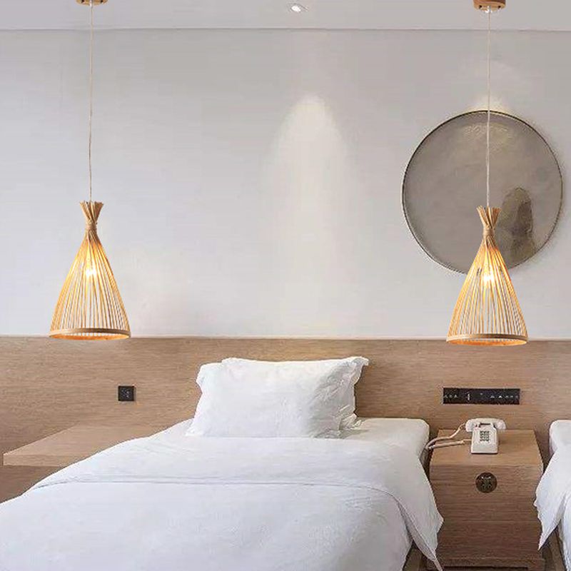 Trichter Restaurant Anhänger Leuchte Holzholz 1 Kopf 8 "/10"/12 "breite Deckenlampe im japanischen Stil in Beige/Kaffee