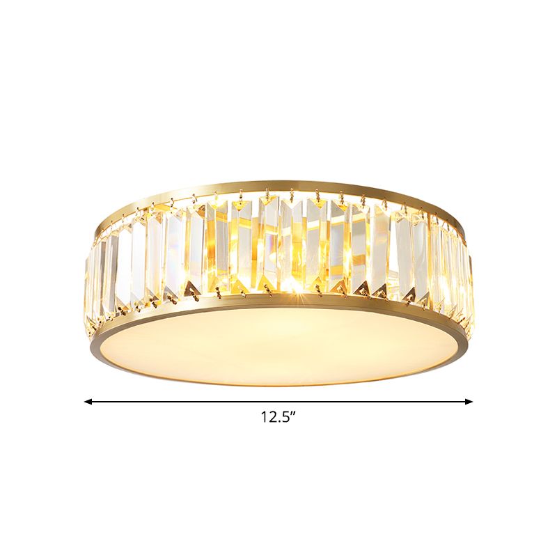 Crystal Drum Flush Mount Lamp Simplicity 3/4/5 Bulbs Bedroom Ceiling Light in Gold, 12.5"/16.5"/23.5" Wide