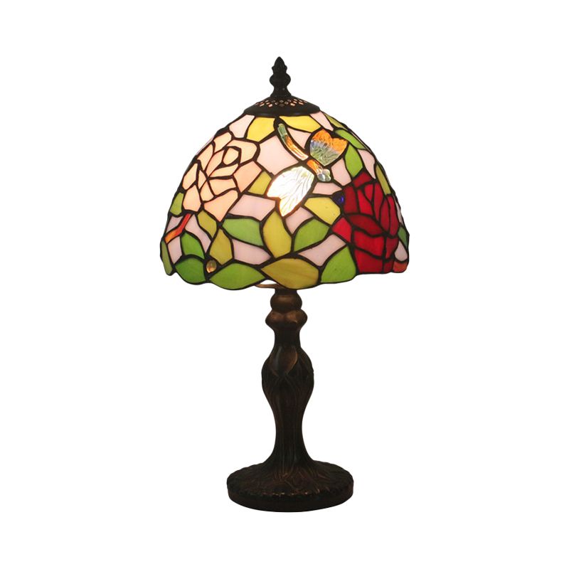 Cut Glass Rose/Lotus Night Table Lamp Baroque 1 Light Red/Pink Nightstand Lighting with Baluster for Bedroom