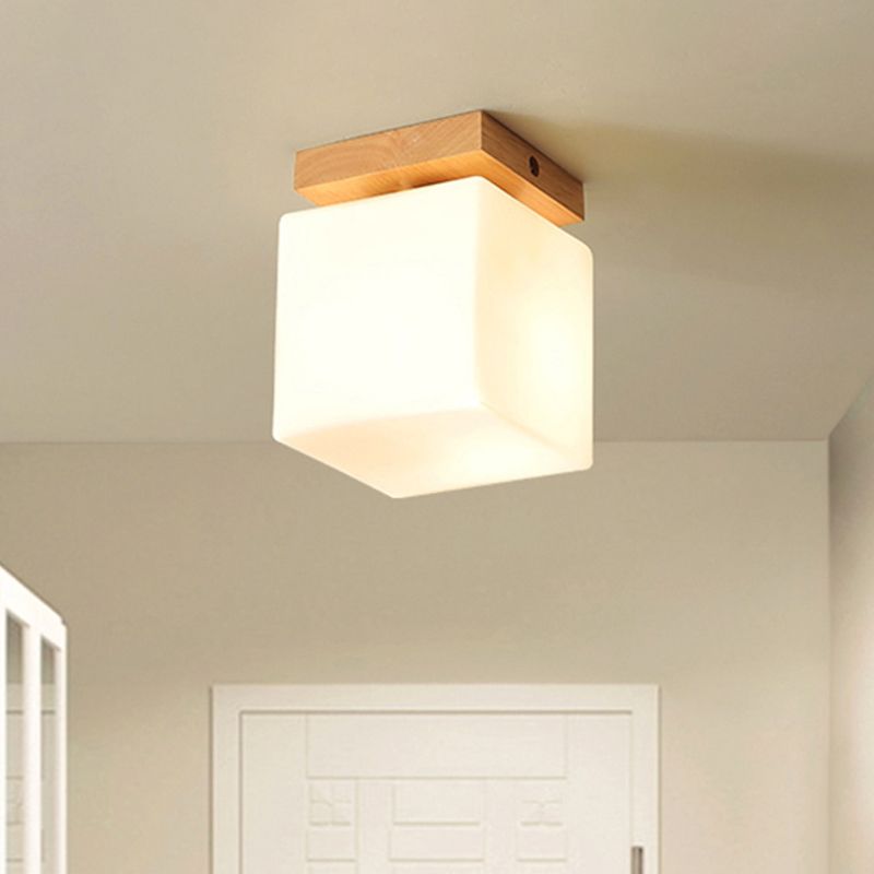 Plafonnier encastré en forme de cube pour porche, bois et verre, 1 tête, plafonnier blanc élégant japonais