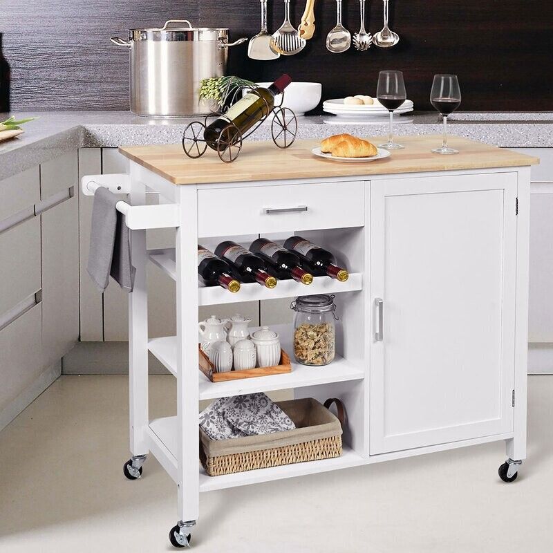 Modern Rolling Kitchen Cart Wood Rectangular Kitchen Island Cart with Towel Rack