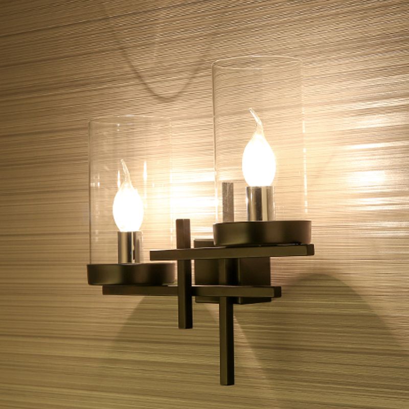 2 Bulbs Cylinder Wall Sconce Rustic White/Clear Glass Wall Lighting Fixture with Straight Arm for Living Room