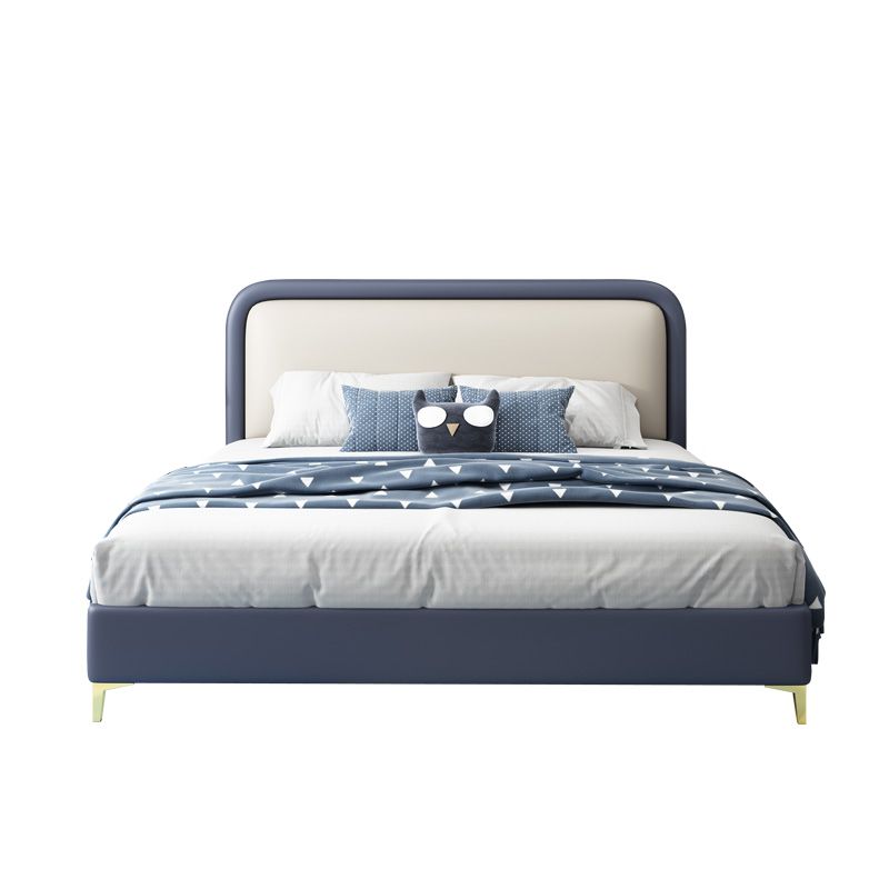 Modern Wooden Blue Standard Bed with Rectangular Headboard and Legs