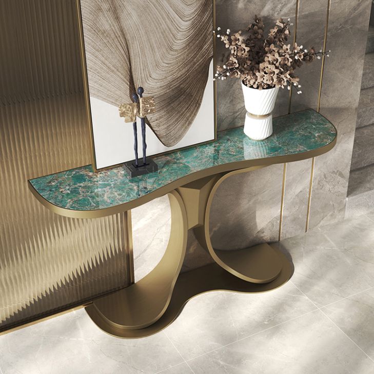 Glam Green Console Table Half Moon Console Sofa Table for Hall