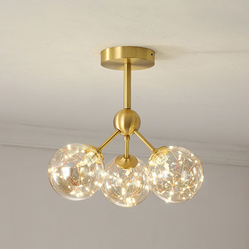 Simple LED Pendant Chandelier Brass Sphere Starry Hanging Lighting with Glass Shade