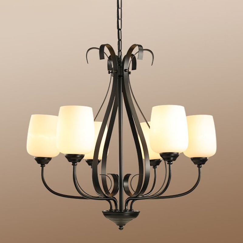 Lustre noir en métal radial 3/6/8 têtes traditionalisme suspension suspension légère avec tasse de forme blanche