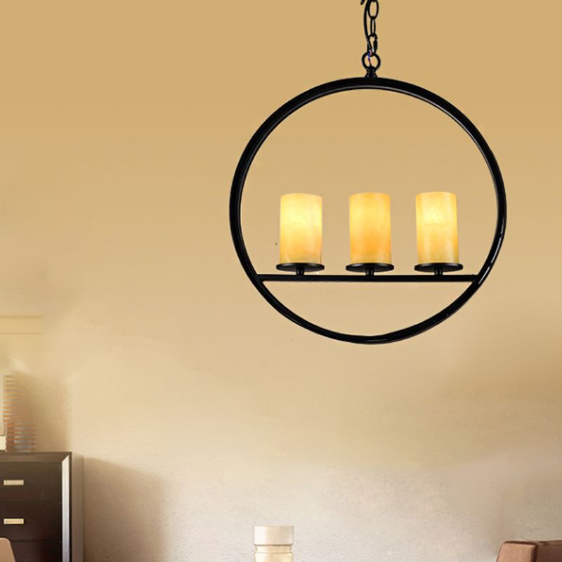 Black 3 Heads Suspension Light Vintage Metal Ring Chandelier Lamp Fixture with Cylinder Yellow Dolomite Shade
