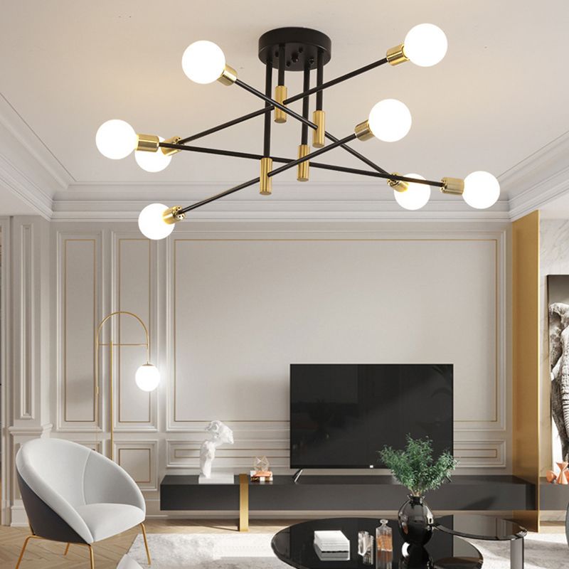 Black and Gold Semi Flush Mount in Industrial Creative Style Wrought Iron Radial Ceiling Light