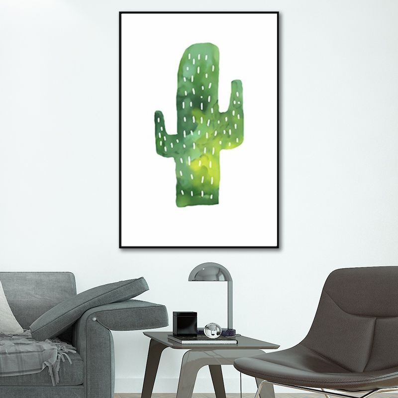 Tropical Cactus Painting Art Print Living Room Canvas in Green on White, Texture