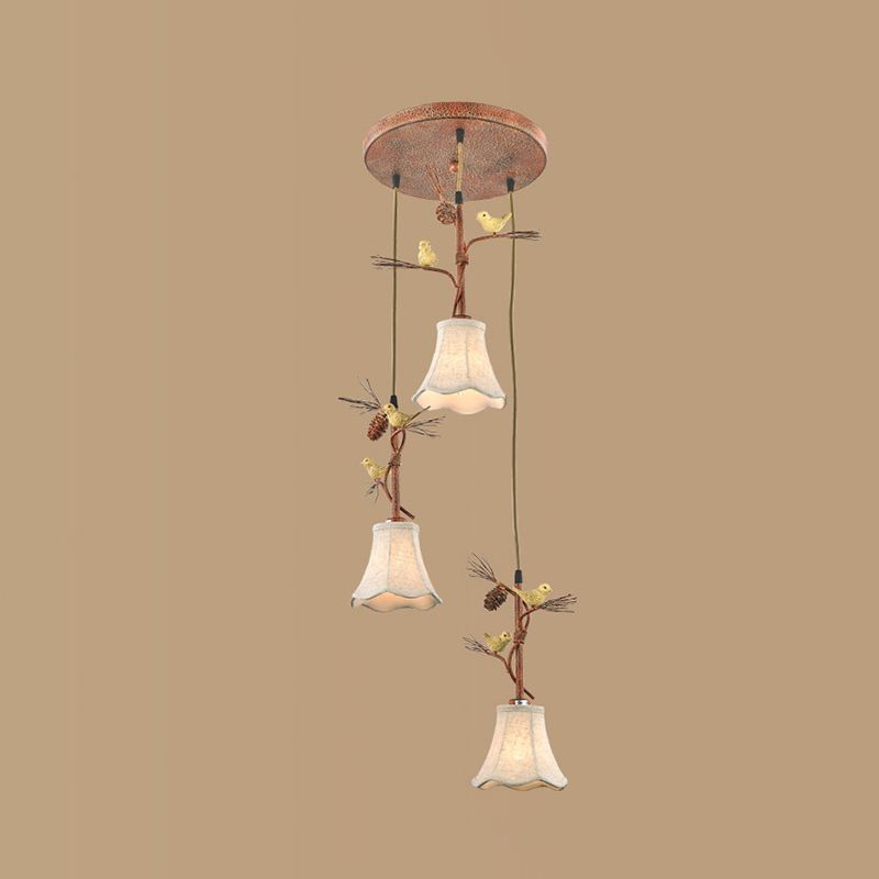 Flaxen 3/5 teste cluster a sospensione Light Country Fabric Sussion Lampada con uccello e Pinecone Deco