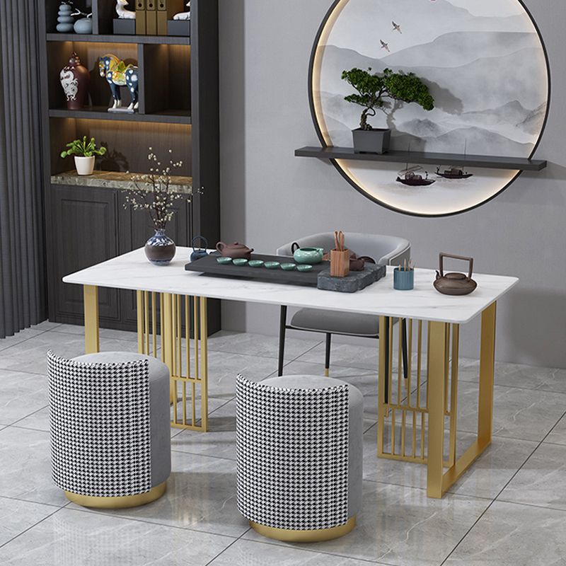 Glam Stone Dining Table Rectangle Iron Table with Golden Double Pedestal Table