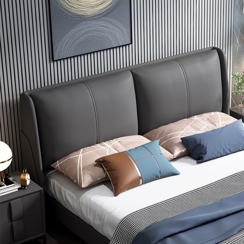 Grey Pine Wood Panel Bed Leather Bed Frame with Upholstered Headboard