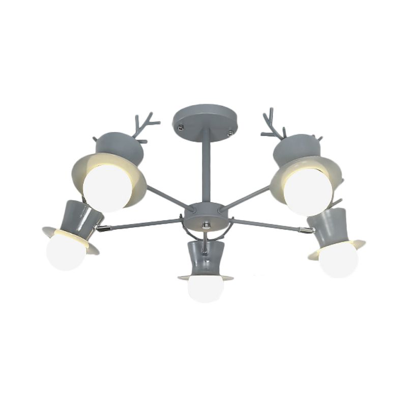 5/8-Head Sitting Room Chandelier Light Nordic Grey/Black Rotatable Hanging Lamp with Antler Cap Iron Shade