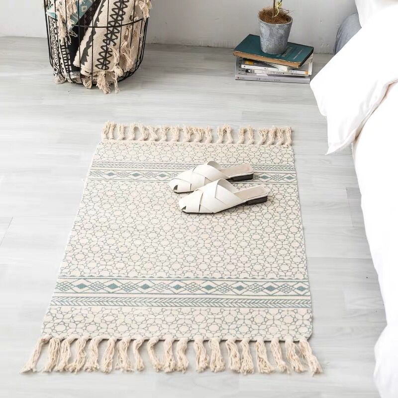 Boho Chic Bedroom Rug Multi-Color Geometric Pattern Rug Cotton Machine Wash Carpet with Tassel Fringe