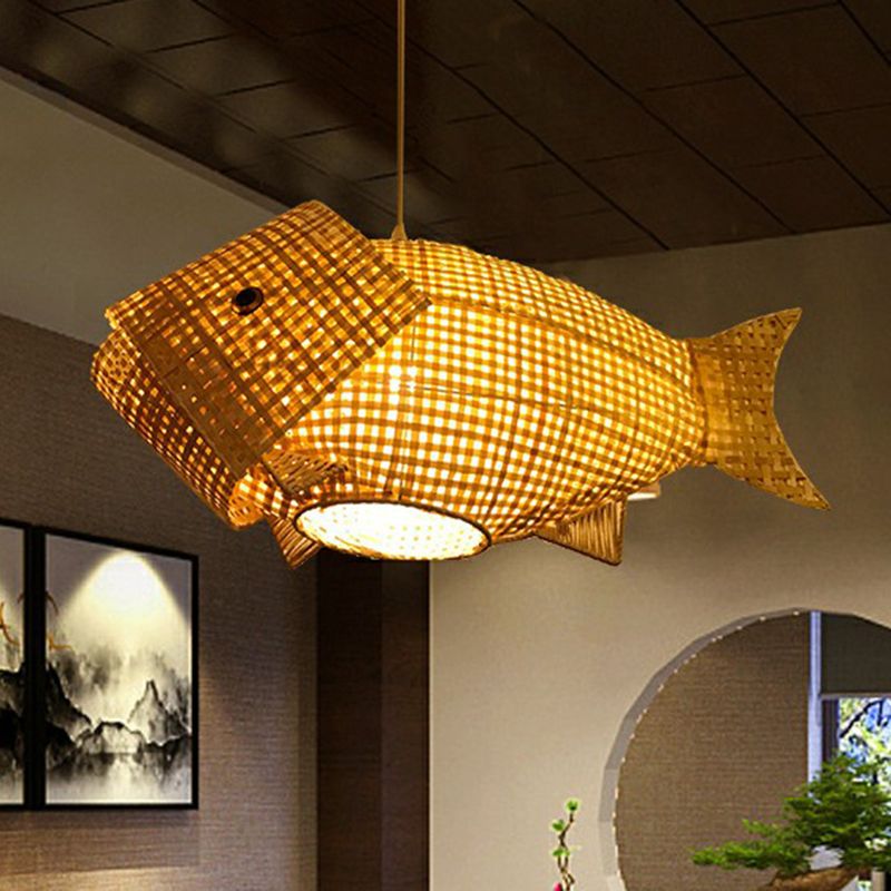 Bamboo Woven Fish Shaped Pendant Ceiling Light Asian 1-Bulb Beige Suspension Lighting for Restaurant