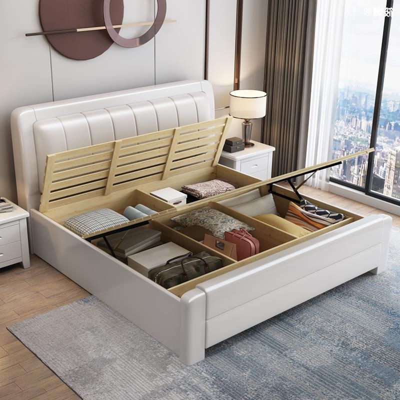 Modern Solid Color Wood Panel Standard Bed, Rectangular Headboard Bed