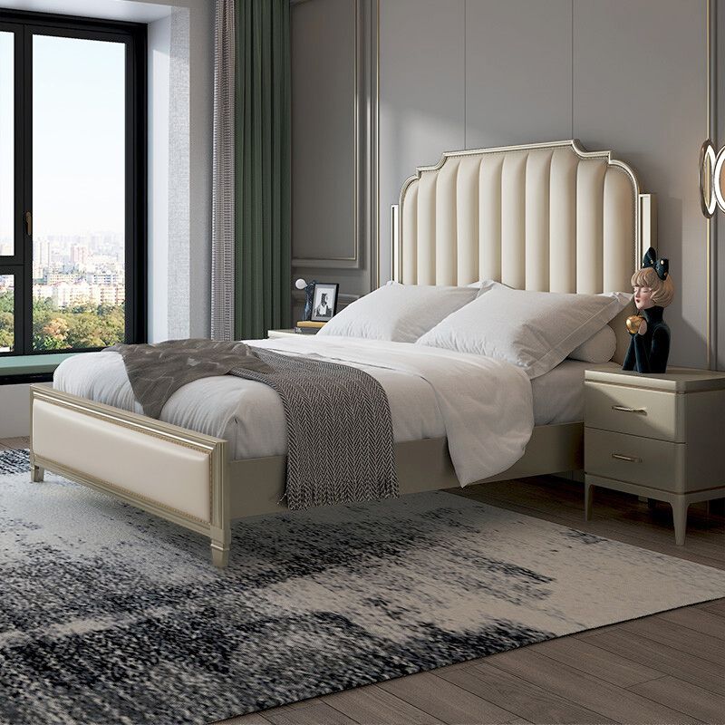 Stepped Glam Bed Frame Beech Standard Bed with Nail Head Trim