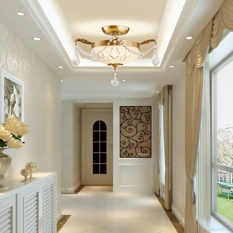 Brass Dome Ceiling Mounted Light Postmodern Crystal Semi Flush Light Fixture for Dining Room