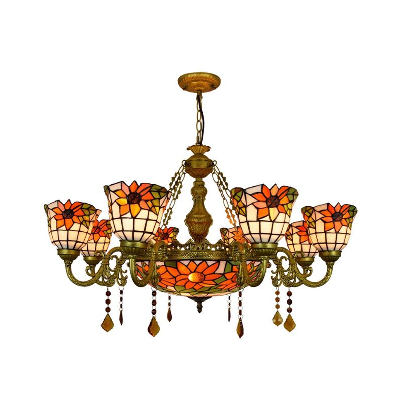 Mehrfarbiger umgekehrter Kronleuchter im Vintage-Stil, Buntglas, 9 Lichter, dekorative Hängeleuchte mit Sonnenblumenmuster