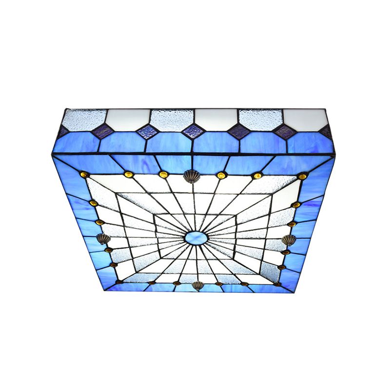 12 "/16" W Blu Quadrato Flushmount Luce Tiffany Stile Vetro Colorato 1 Luce Plafoniera Illuminazione per Sala da pranzo