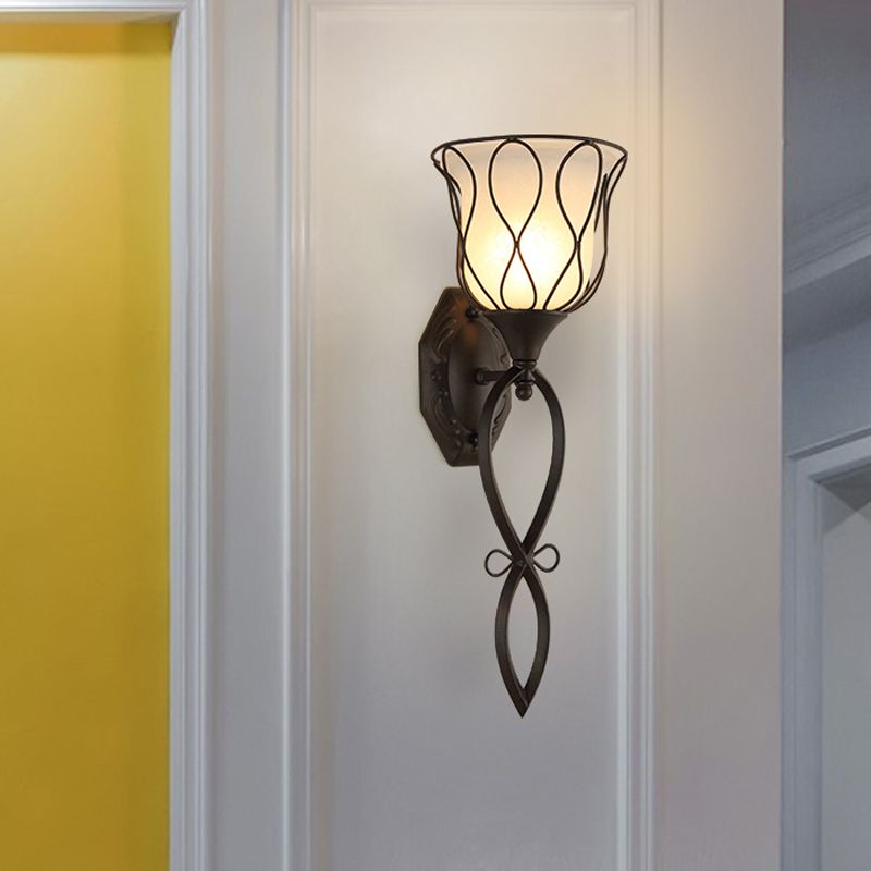 1 Light Metal Wall Lamp Rustic Black Bell Corridor Sconce Light Fixture with Opal Glass Shade