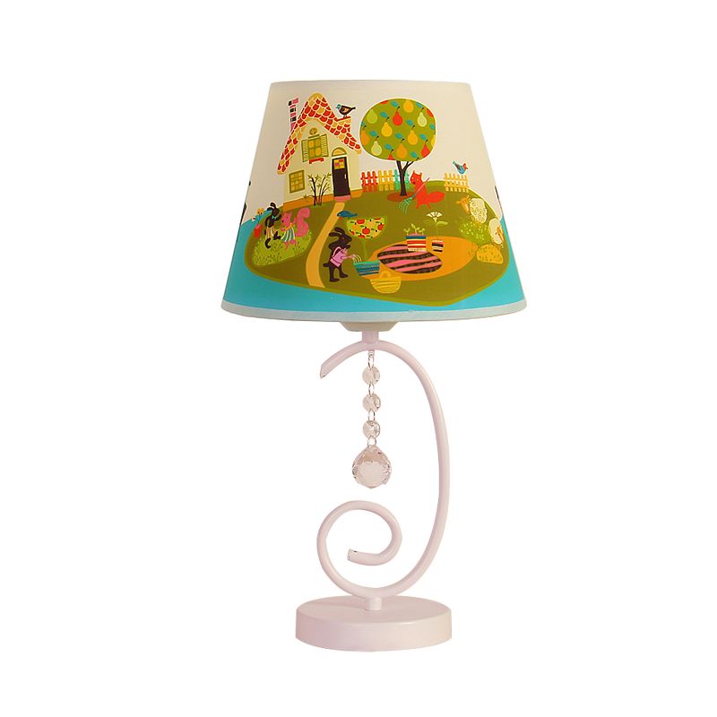 Barrel Bedroom Table Light Fabric 1 Bulb Cartoon Night Lamp in White with Crystal Drop and Sheep/Loving Heart/Elephant Pattern