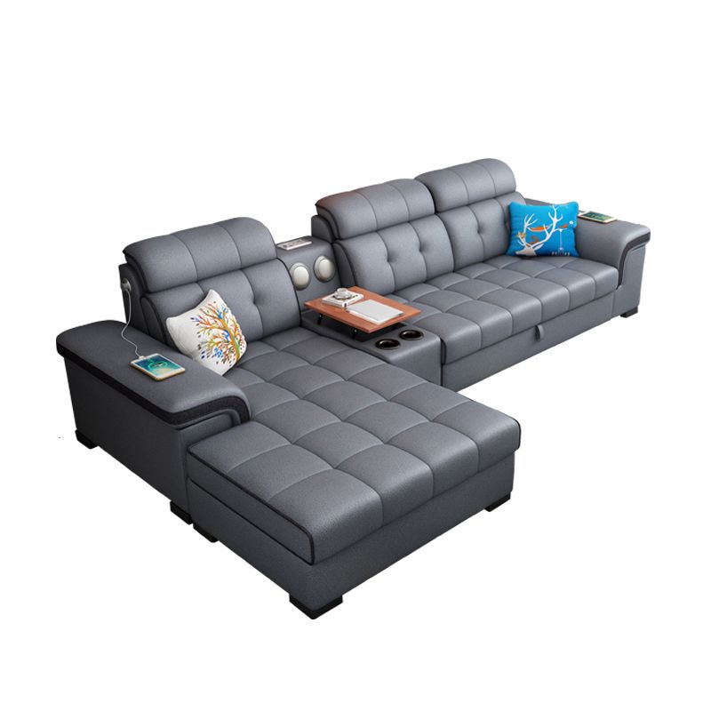 Sewn Pillow Back Sectional Convertible Grey Sofa Bed with Adjustable Headrest