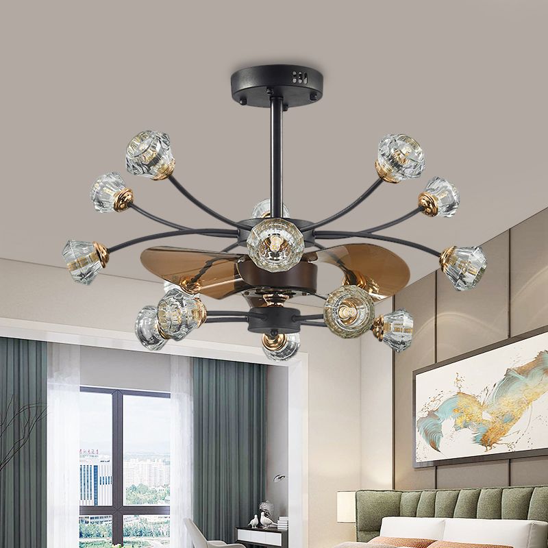 Black 14 Bulbes Semi Flush Light Traditional Crystal Diamond Shade Scrolls 3 Blades Pendant Fan Lampe, 31,5 "Largeur