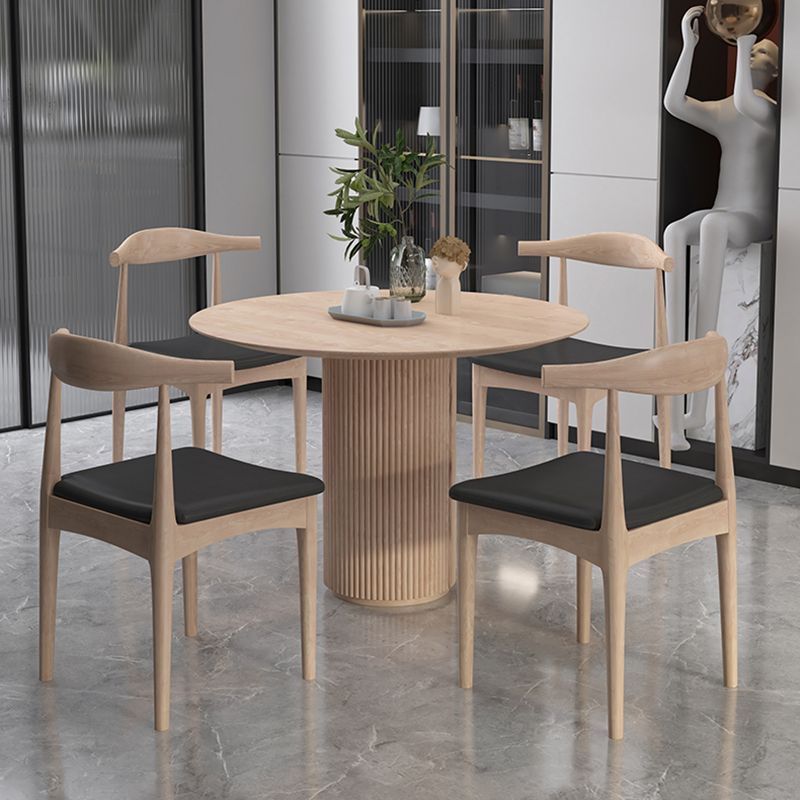Round Pedestal Casual Dining Table Light Wood Color Fixed Table with Pinewood Solid Wood